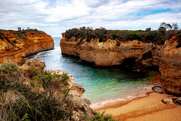 Panoramic view of Loch Ard Gorge. Scenic landscape. Landmark of Great Ocean Road. Port Campbell...