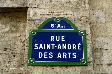 Rue Saint-André des Arts. Plaque de nom de rue. Paris. France.