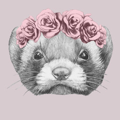 Portrait of Least Weasel with floral head wreath. Hand-drawn illustration. Vector isolated elements.	