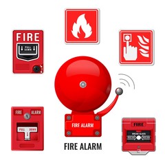 Fire alarm system icons set. Red ringing bell. Vector illustration - obrazy, fototapety, plakaty