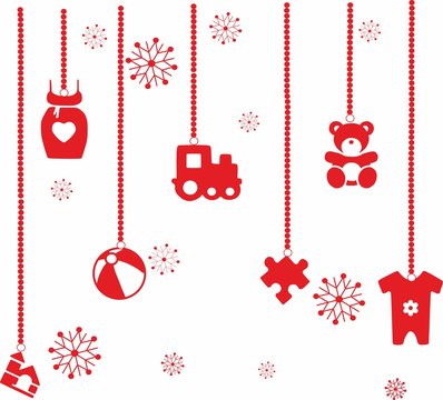 Christmas decoration icon set. Many Christmas decorations on a white background for a children's store, including a paravoz, a mazel, a soft toy, a ball, sliders, etc.