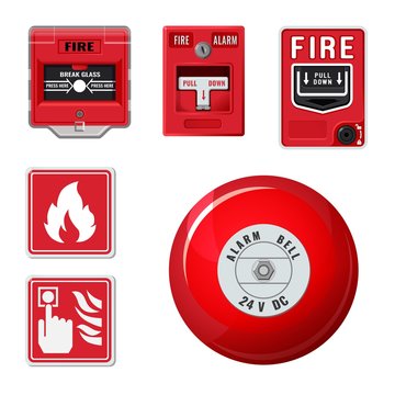 Fire alarm system icons set. Red ringing bell. Vector illustration