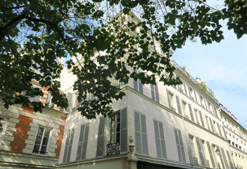 Façade blanche ancienne blanche avec feuillage au premier plan.