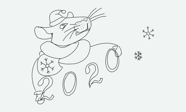 A mouse in a Santa suit holds the numbers 2020. A symbol of the New Year.