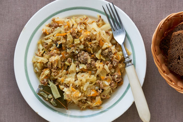 Stewed cabbage with minced meat on a white plate