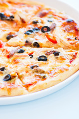 Pizza with salami and olives on a plate.