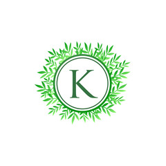 K Leaves Letter Logo. Green Leaf K Logo Icon.