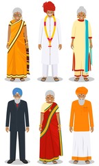 Set of different standing indian old people in the traditional clothing isolated on white background in flat style. Differences senior men and women in the national east dress. Vector illustration.
