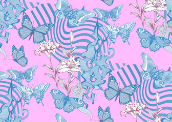 Fantastic flowers and butterflies. Seamless pattern. Vector illustration. Suitable for fabric, wrapping paper and the like