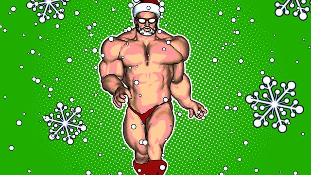 Muscular sexy bodybuilder Santa on a catwalk just with hat, boots and thong. Seamless funny Christmas cartoon hand drawn style animation for clubs or parties