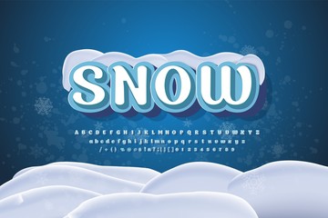 Christmas holiday vector font. Retro 3d letters with snow caps. Christmas font with snow and ice, abc and digit illustration