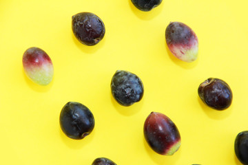 natural fresh black olives on a yellow background