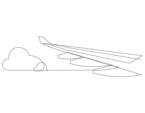 Wing of airplane and clouds. One line flying airplane illustration. Minimal style plane wing isolated on white background. Travel and tourism. Vector illustration