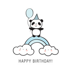 Happy Birthday card. Hand drawn panda with a balloon on a rainbow and clouds. Vector illustration.