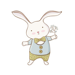 Cute cartoon Easter Bunny in vector. Little rabbit boy with flower. hand drawn style. Kawaii funny animal. Happy character. Greeting card for Easter, holiday, birthday. Children's illustration.