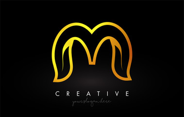 Letter M Golden Monogram Leaf Logo Icon Design with Gold Yellow Colors Vector.