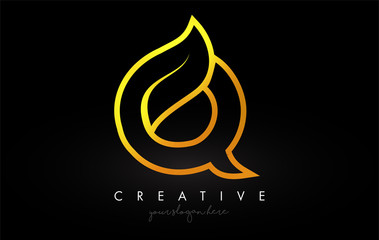 Letter Q Golden Monogram Leaf Logo Icon Design with Gold Yellow Colors Vector.