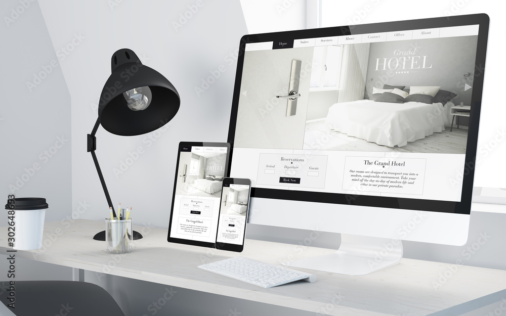 Wall mural minimal desktop with responsive hotel website on devices