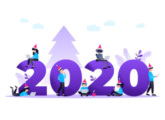 Flat design New Year vector concept. Preparing to meet 2020 new year. Business people with the numbers 2020. Company team are preparing to meet the new year over purple background