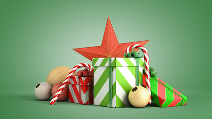 christmas gift boxes and accessories background 3d render on green gradient