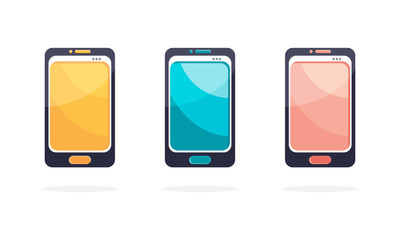 Set black smartphone with color screen, menu button and camera in vector. Mobile phone top view isolated on white background. Phone vector icon design template. Yellow, pink and blue screen