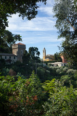 Fototapeta na wymiar Portofino Ligurie Italy. Mediterranean Sea and coast. Church tower