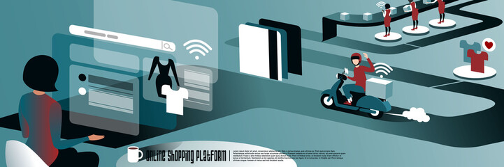 Online shopping and digital distribution solution. Isometric illustration of working principle e-commerce platform. Vector mockup for a layout landing page or flat design advertising banner.