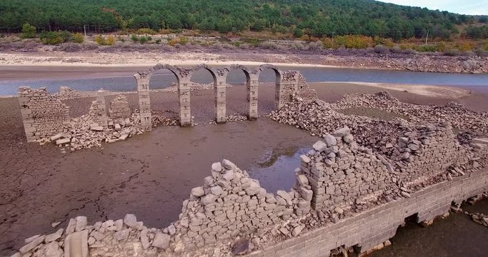 Cloister of a monastery in an almost dry marsh, La cuerda del pozo, Soria, Vinuesa, Spain. Filmed by a drone.
