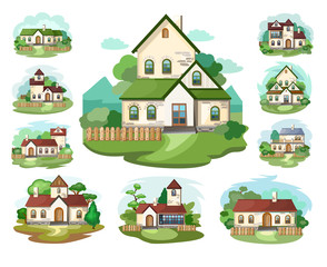 The house is fabulous, cartoon. Set. Village cottage. House in the forest. Holiday. Cottage, cottage. A cozy house. Two-storey house with an attic. For the family. Vector Illustration. Isolated object