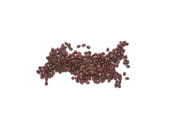 Contours of Russia lined with coffee grains on a white isolated background.