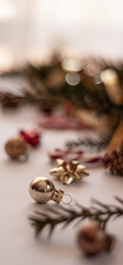 .Christmas decorative background with pine branches,candy and christmas ball on the white background. Christmas Holiday Concept. Christmas Ball Close up. Copy space