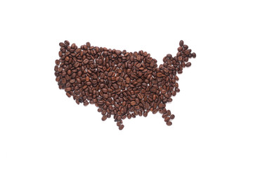 USA contours lined with coffee beans on a white isolated background.
