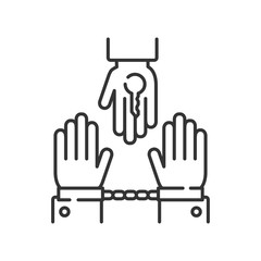 Criminal court line black icon. Judicial verdict innocent. Convicted man in handcuffs concept. Law justice.