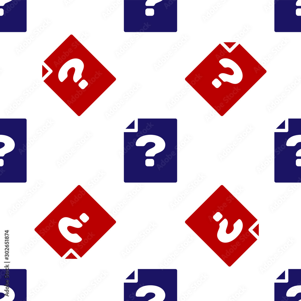 Poster blue and red unknown document icon isolated seamless pattern on white background. file with question
