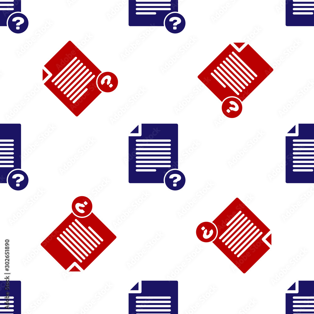 Poster blue and red unknown document icon isolated seamless pattern on white background. file with question