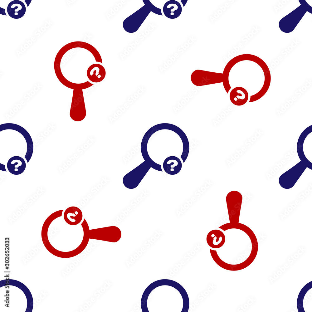 Poster blue and red unknown search icon isolated seamless pattern on white background. magnifying glass and