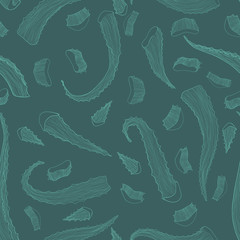 Aloe vera hand drawn vector seamless pattern in line art style. Health Care herbs repeated background on dark green background. Botanical illustration best for print, packing and textiles design.