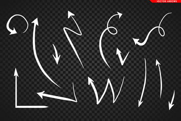Arrows vector. Hand drawn arrows isolated on dark transoarent background.