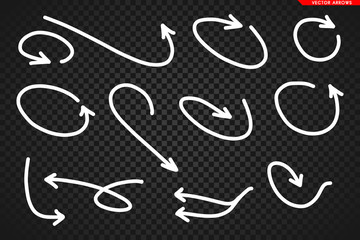 Arrows vector. Hand drawn arrows isolated on dark transoarent background.