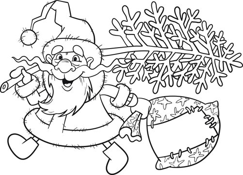 Coloring book for children, Santa Claus, with a Christmas tree and a bag of gifts. Cartoon character.