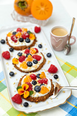 Granola Tarts with Yogurt and Berries. Fruit Pizza.