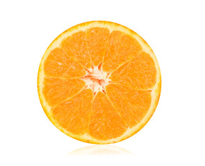 Single orange slice isolated on white background with clipping path, Closeup fresh orange slice texture as background or wallpaper