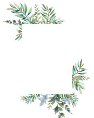 Watercolor green plants and branches frame. Hand painted floral clip art: card frame isolated on white background.