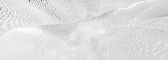 3d ILLUSTRATION, of abstract background, white METAL MESH texture, wide panoramic for wallpaper