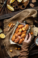 french shell shaped biscuit dessert madeleine in wooden box
