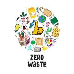 Hand drawn environmental protection round concept from plastic pollution. Zero waste lettering. Hand-drawn organic products, no harm to the environment in doodle style. Garbage sorting and recycling. 