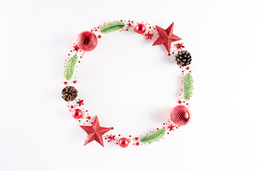 Christmas background concept. Top view of Red and Green Christmas ball with snowflakes on white background.