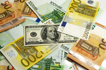 Money stack. Falling banknotes. European money on white isolatio