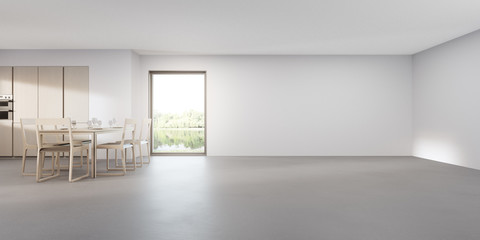 Glass window near wooden table and cabinet of modern lake view kitchen in luxury summer house. Gray concrete floor dining room 3d rendering with empty large white wall background.