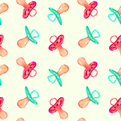 Red and green pacifers,  hand painted watercolor illustration, seamless pattern design on soft yellow background